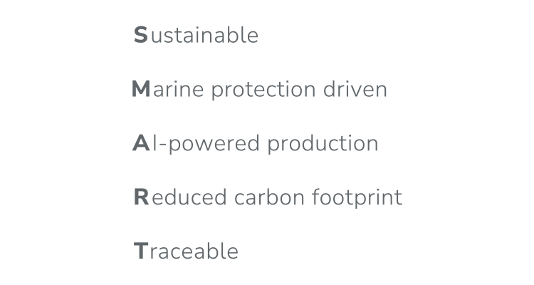 Sustainable, Marine protection driven, AI-powered production, Reduced carbon footprint, Traceable